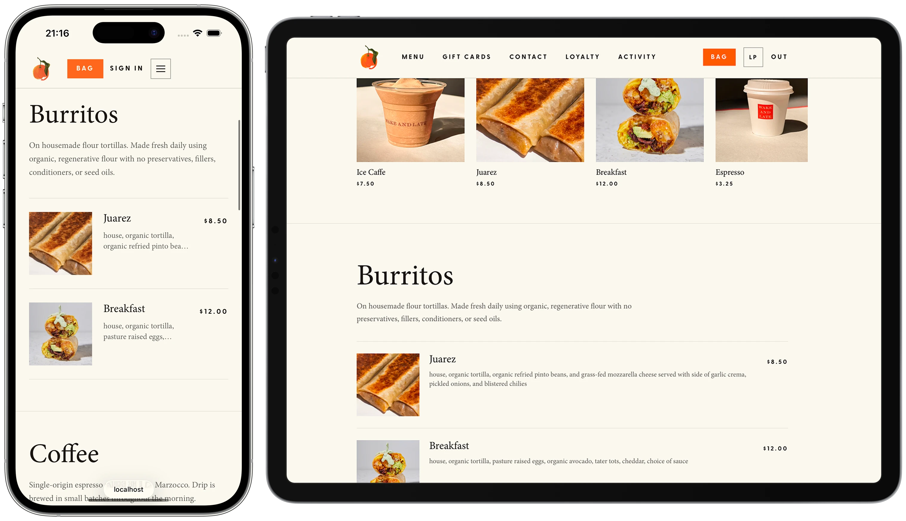 A restaurant ordering site built on the Open SDK, on phone and tablet